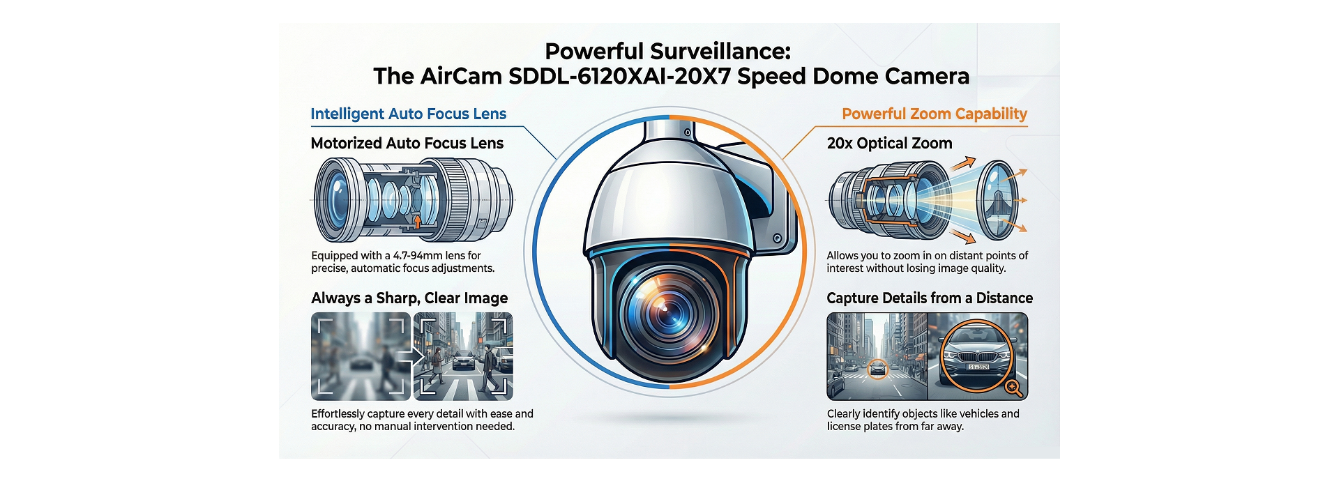 4.7-13.5 mm Motorized Auto focus lens, 20x Optical Zoom